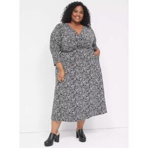 Lane Bryant Black White Floral Maxi Dress 22/24 Plus Wrap Style Long Sleeve